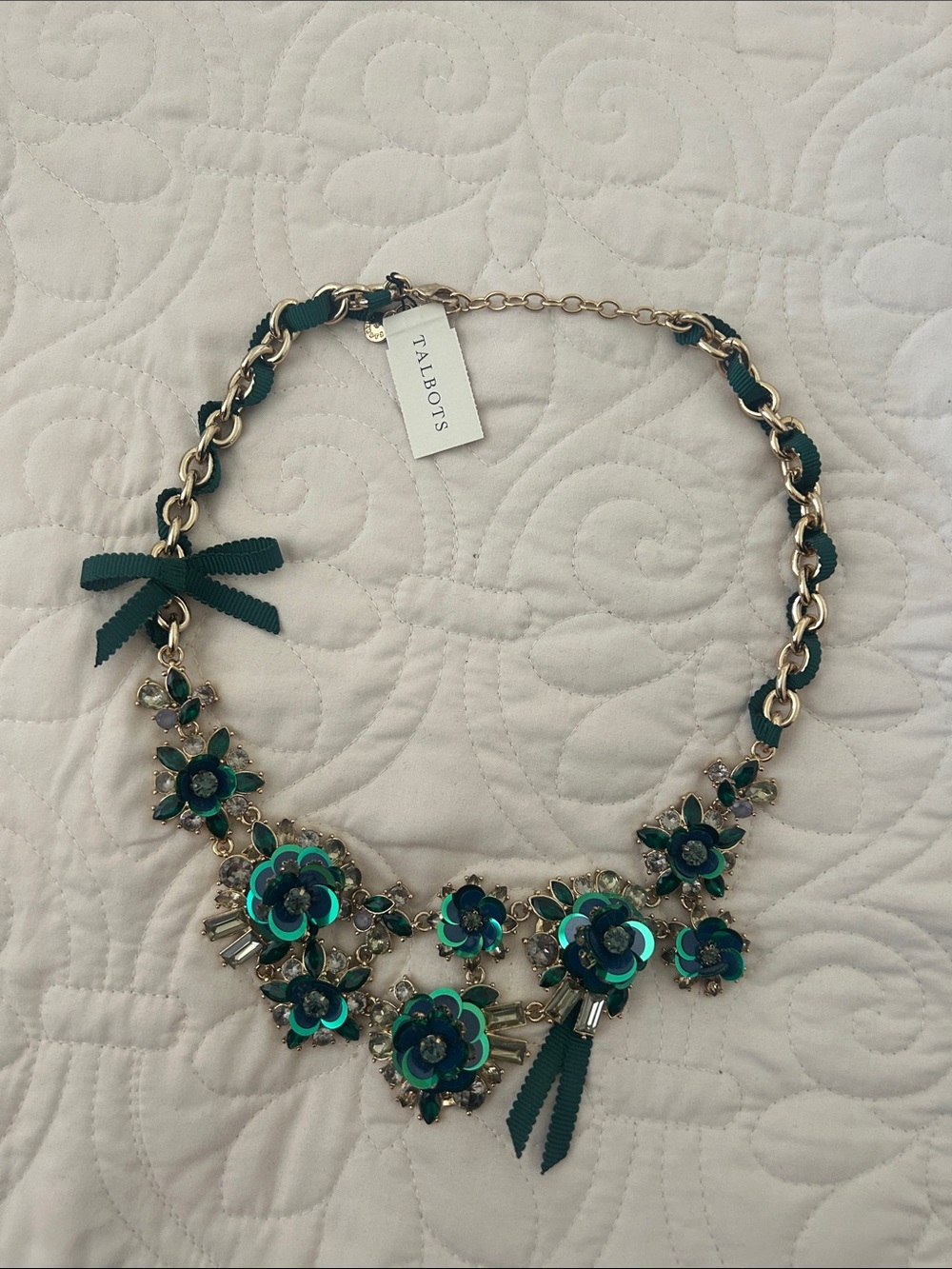 Talbots Teal and Gold Floral Sequin Necklace